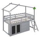 Twin Size House Bed With Cabinet and Drawers, Gray