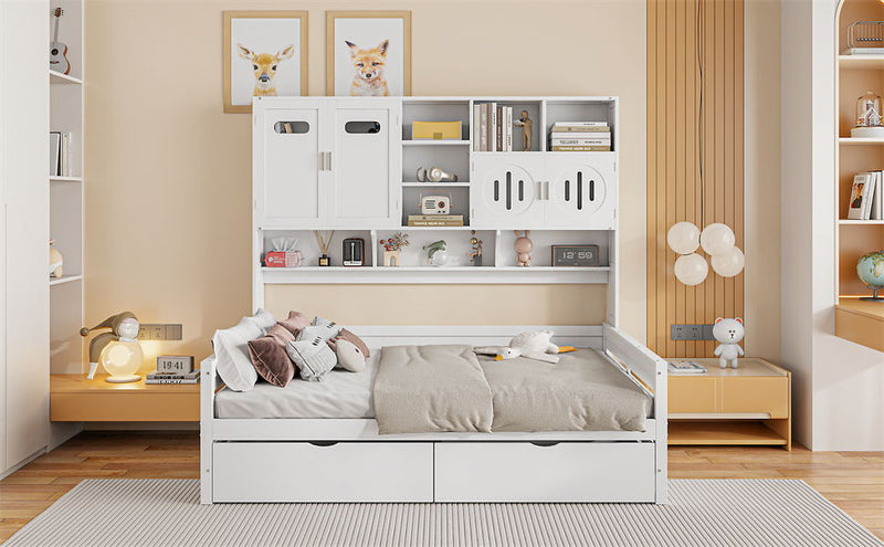 Wooden Daybed With 2 Drawers, And All-In-One Cabinet And Shelf