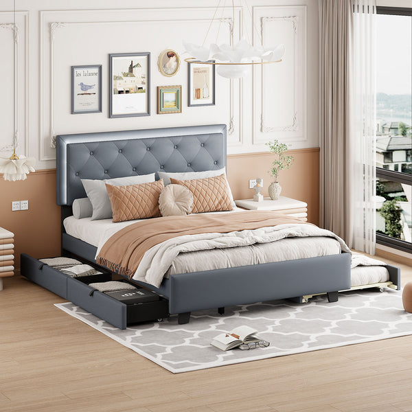 Queen Size  Velvet Storage Platform Bed, with 2 Big Drawers, Twin XL Size Trundle and LED Light, Gray