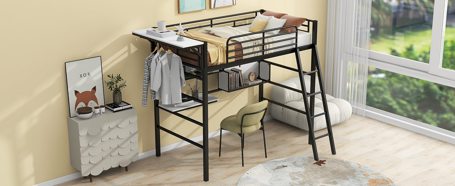 Twin Size Metal Loft Bed with 2 Shelves, a desk and a Hanging Clothes Rack, Black and White - Atlantic Fine Furniture Melbourne FL