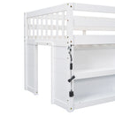 Twin Size Kid Low Loft Bed With Two-Tier Shelves And LED Light For White Color