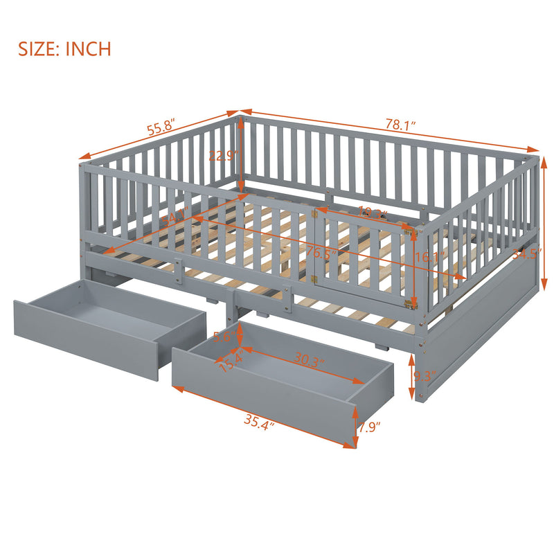 Daybed With Fence Guardrails And 2 Drawers, Split Into Independent Floor Bed & Daybed