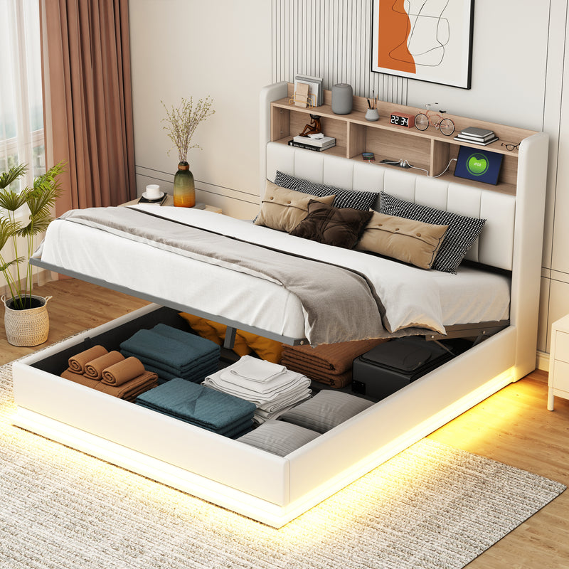 Queen Size  Upholstered Platform Bed with Storage Headboard and Hydraulic Storage System, PU Storage Bed with LED Lights and USB charger, White