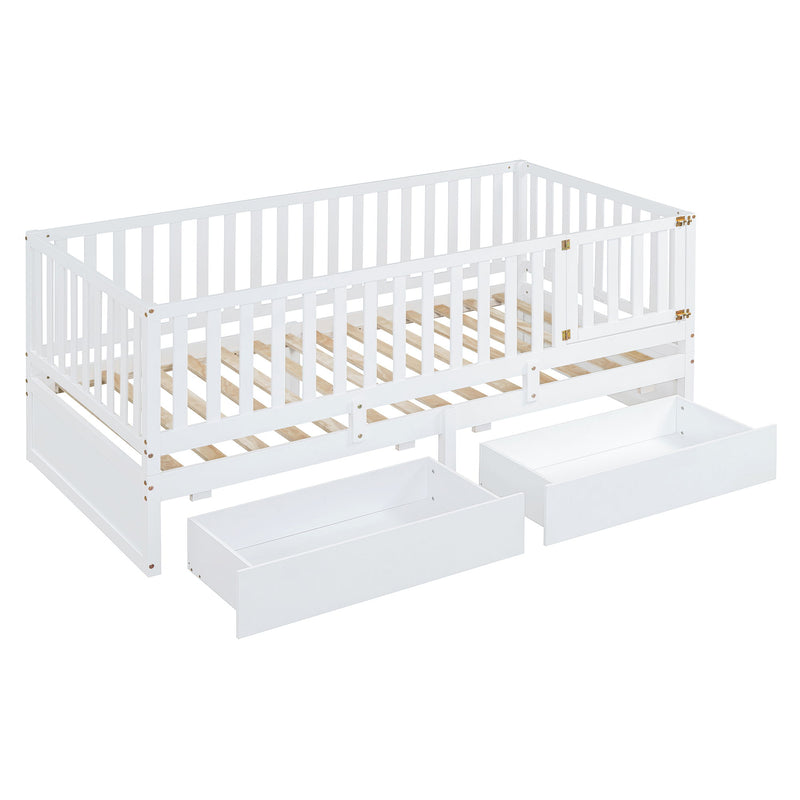 Daybed With Fence Guardrails And 2 Drawers, Split Into Independent Floor Bed & Daybed