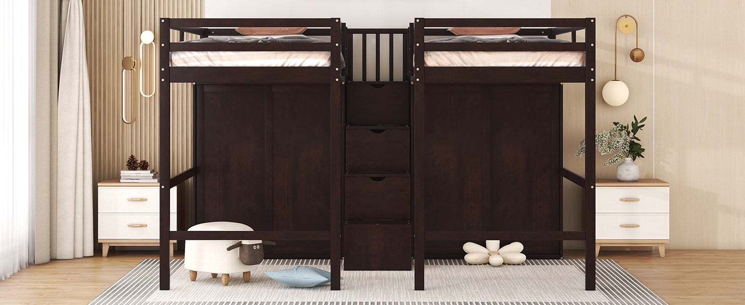 Double Twin Loft Beds with Wardrobes and Staircase, Espresso - Atlantic Fine Furniture Melbourne FL