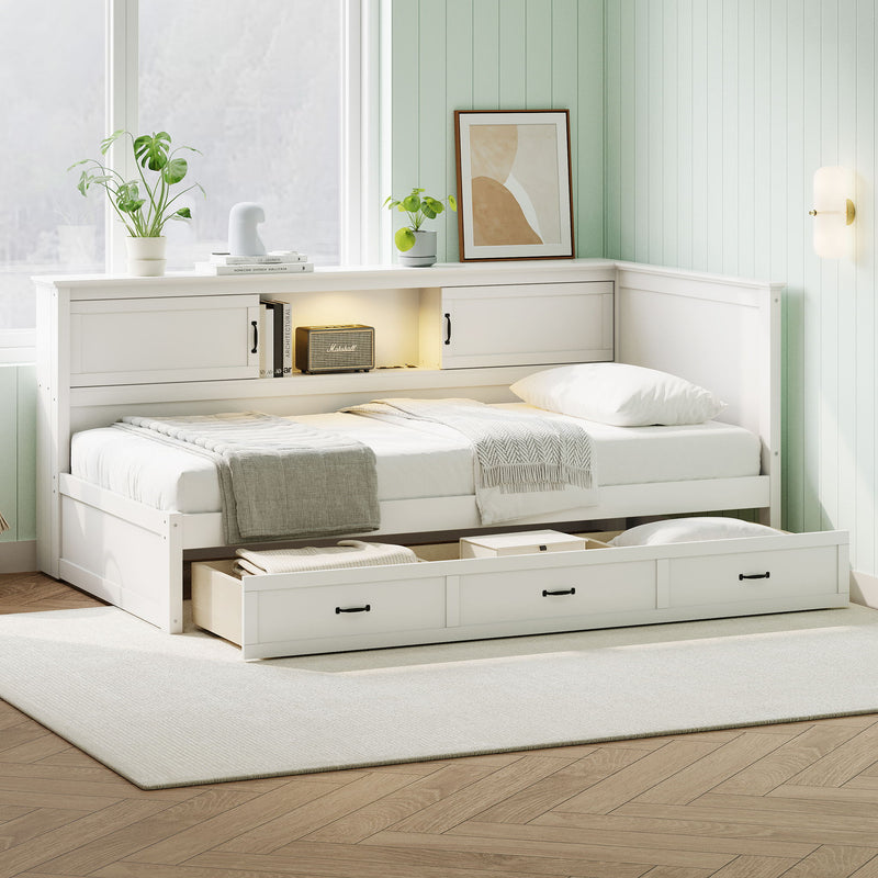 L Shaped Bed Frame With Drawer And And Bookcase With LED Downlight And USB Port