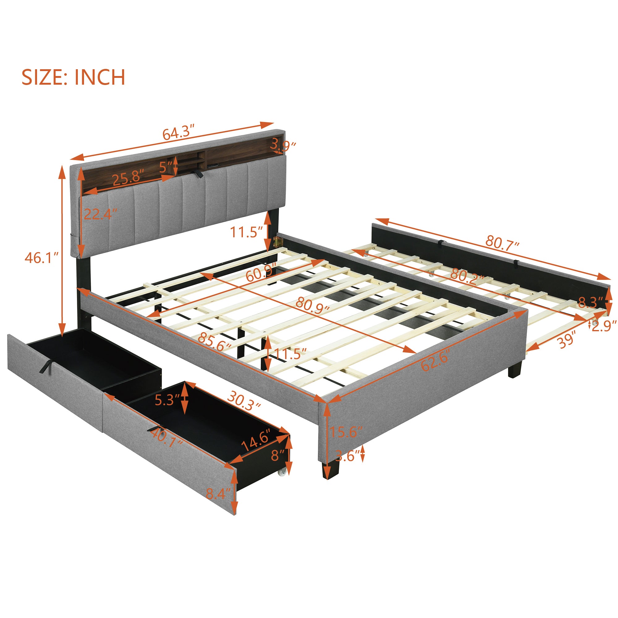 Queen size Upholstered Platform Bed with Storage Headboard, Twin XL Size Trundle & 2 drawers and a set of Sockets & USB Ports, Linen Fabric, Gray - Atlantic Fine Furniture Melbourne FL