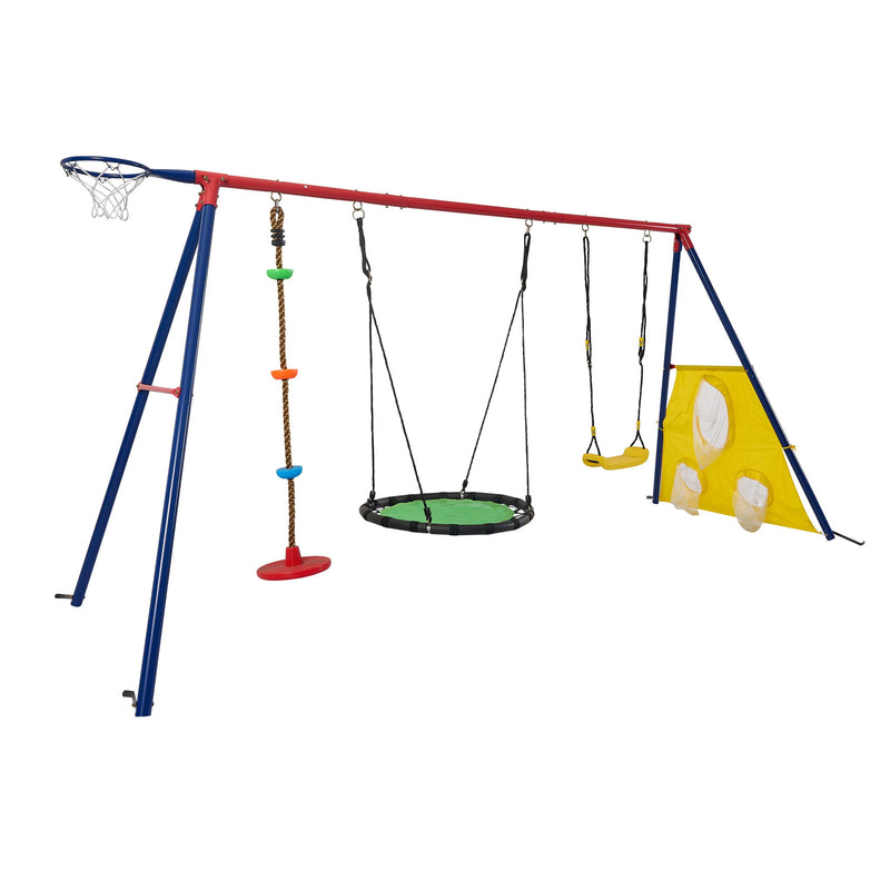 5 In 1 Swing Set With Textilene Swing And Tree Swing Disc Metal Plastic Safe Swing Seat For Outdoor Playground - Blue / Green