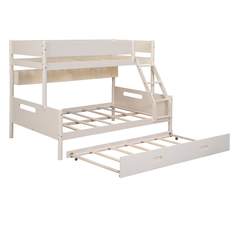 Wood Twin over Full Bunk Bed with Storage Shelves and Twin Size Trundle, Cream