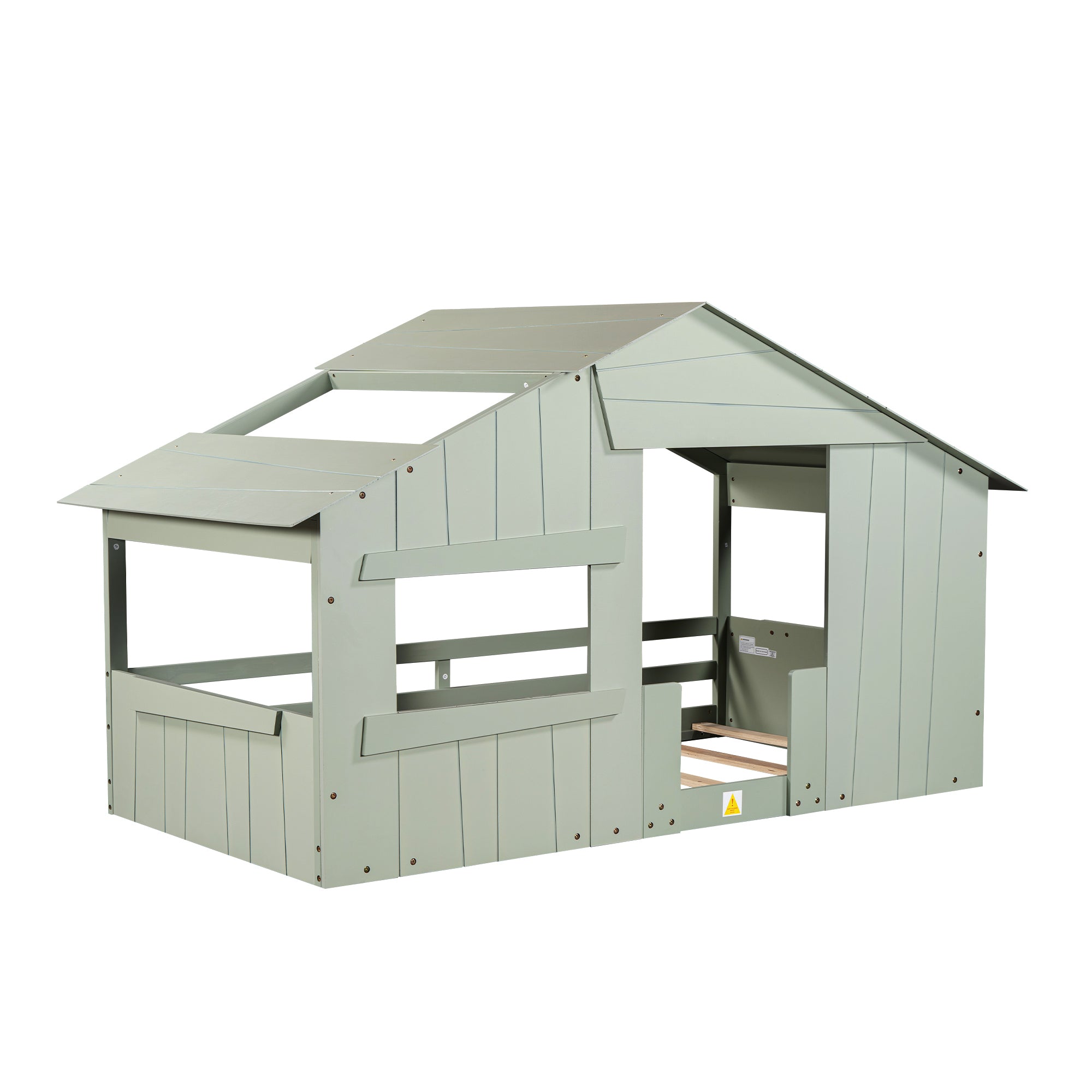 Wood Twin Size House Bed with Roof, Window and Guardrail, Light Green - Atlantic Fine Furniture Melbourne FL