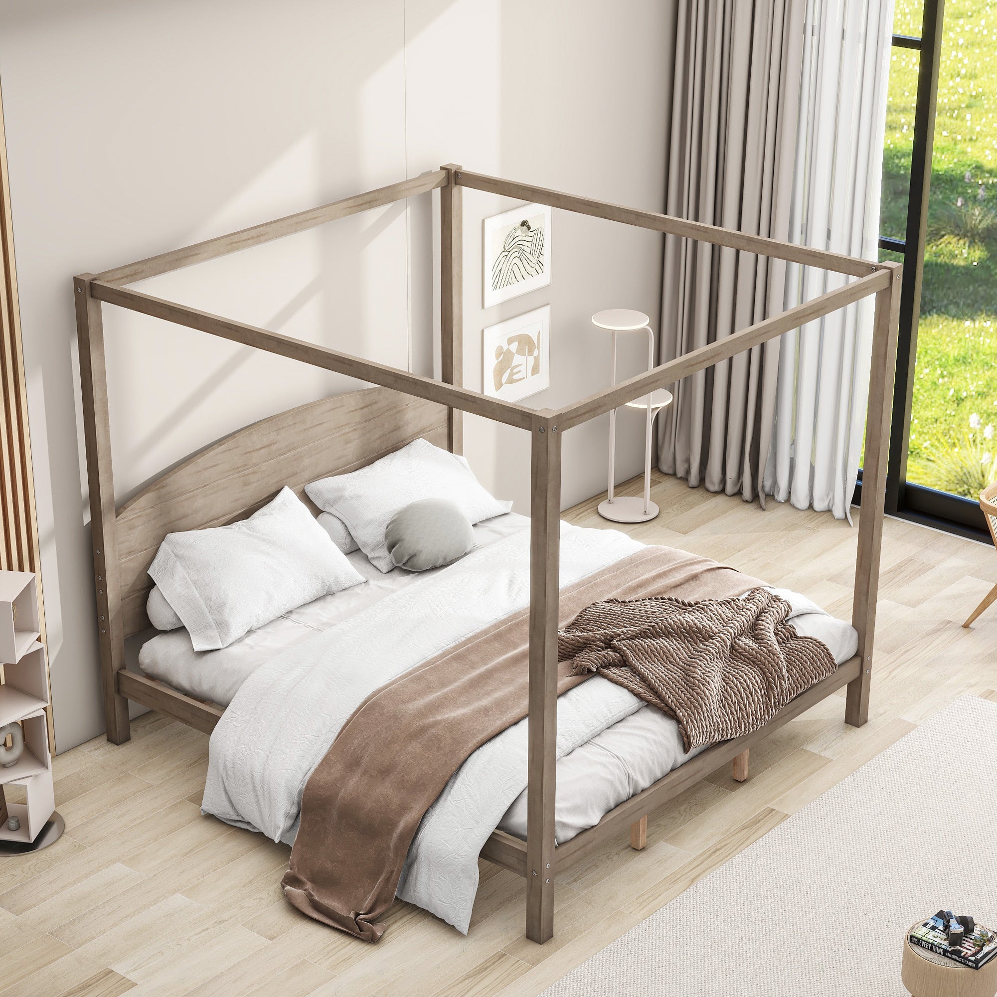 King Size Canopy Platform Bed with Headboard and Support Legs, Brown Wash - Atlantic Fine Furniture Melbourne FL