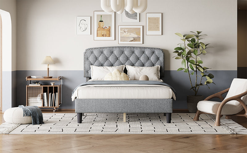 Full size Adjustable Headboard with Fine Linen Upholstery and Button Tufting for Bedroom,  Wave Top  Light Gray