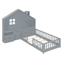 Twin Size House Bed with Window and Bedside Drawers, Platform Bed with Shelves and a set of Sockets and USB Port, Gray