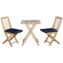 3 Pieces Patio Folding Bistro Set, Outdoor Pine Wood Table and Chairs Set with Tie-on Cushion & Square Coffee Table, Great for Indoor, Poolside, Garden, Dark Blue