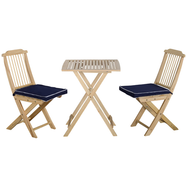 3 Pieces Patio Folding Bistro Set, Outdoor Pine Wood Table and Chairs Set with Tie-on Cushion & Square Coffee Table, Great for Indoor, Poolside, Garden, Dark Blue