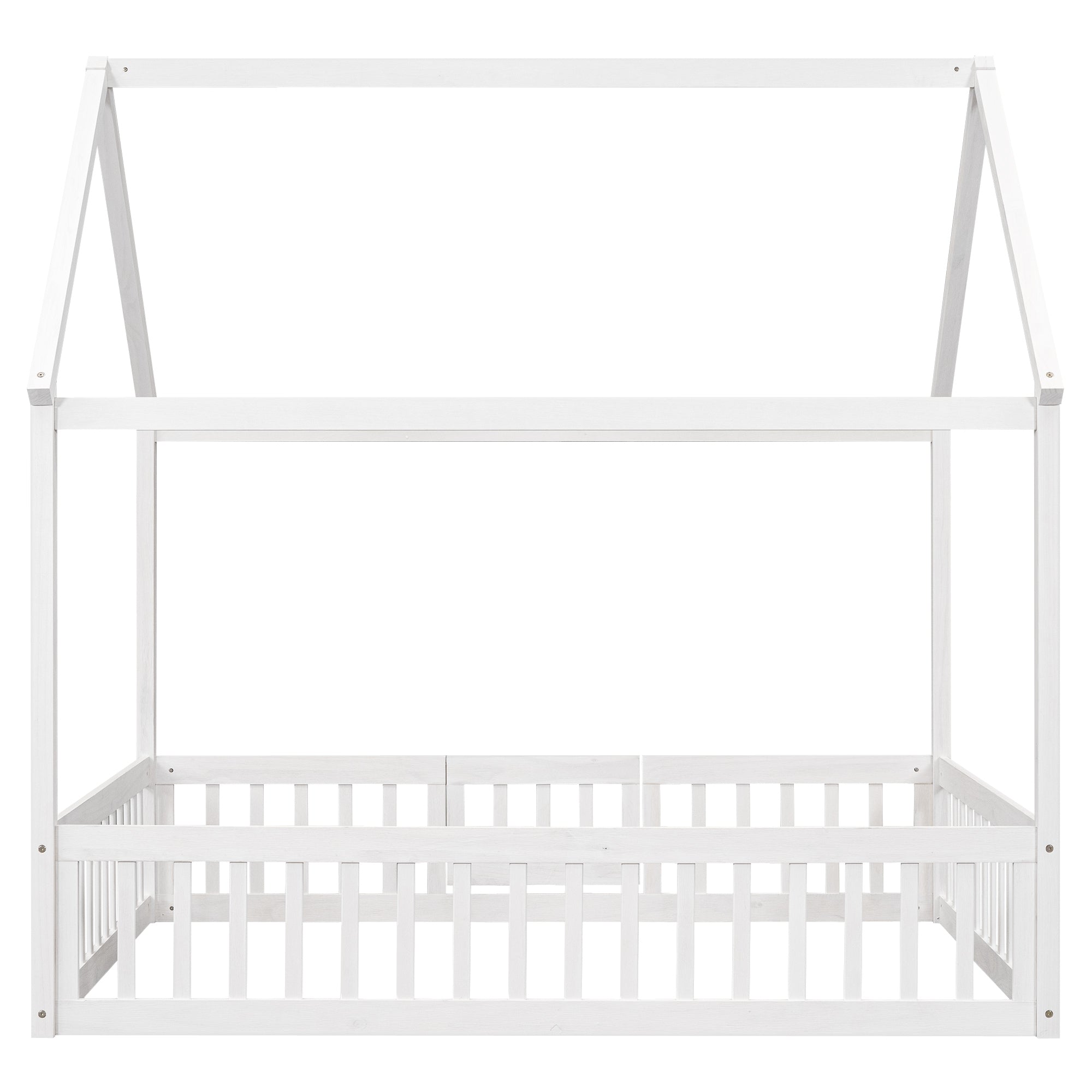 Full Size Wood House Bed with Fence and Door, White Wash
