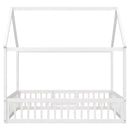 Full Size Wood House Bed with Fence and Door, White Wash