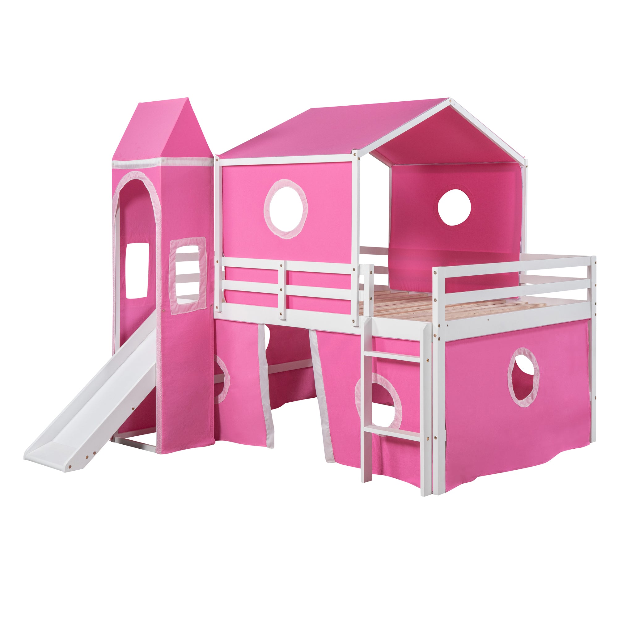 Full Size Bunk Bed with Slide Pink Tent and Tower - Pink