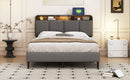 Full size Upholstered Platform Bed with Storage Headboard, Sensor Light and a set of Sockets and USB Ports, Linen Fabric, Gray