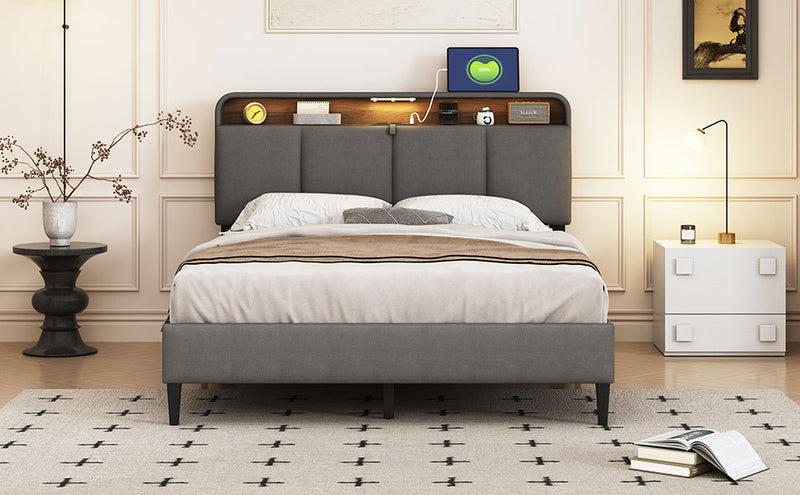 Full size Upholstered Platform Bed with Storage Headboard, Sensor Light and a set of Sockets and USB Ports, Linen Fabric, Gray
