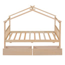 Twin Size Wooden House Bed with Drawers, Natural