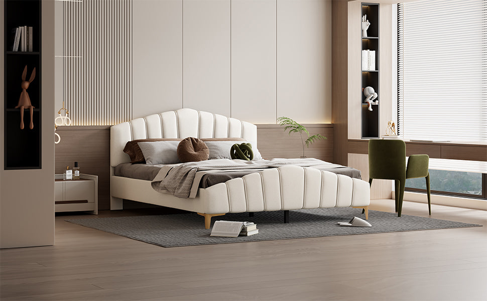 Queen Size Velvet Platform Bed with Thick Fabric, Stylish Stripe Decorated Bedboard and Elegant Metal Bed Leg, Beige - Atlantic Fine Furniture Melbourne FL