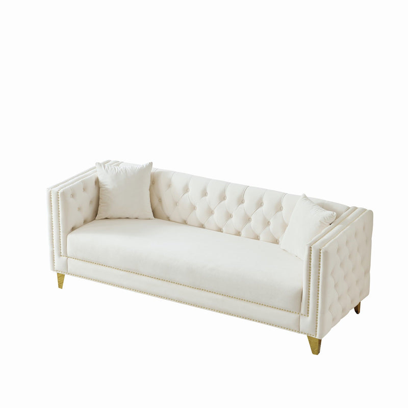 3 Seater Deep Seat Sofa, Sofa With Button Nailhead, Square Arm Couches, Furniture For Living Room - Beige