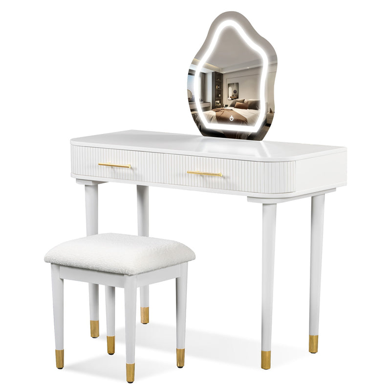 Modern Vanity Table Set With Mirror Touch Screen Lighted Mirror, Dressing Table And Cushioned Stool Set With 2 Large Drawers - White