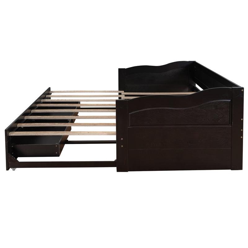 Wooden Daybed with Trundle Bed and Two Storage Drawers , Extendable Bed Daybed,Sofa Bed with Two Drawers, Espresso