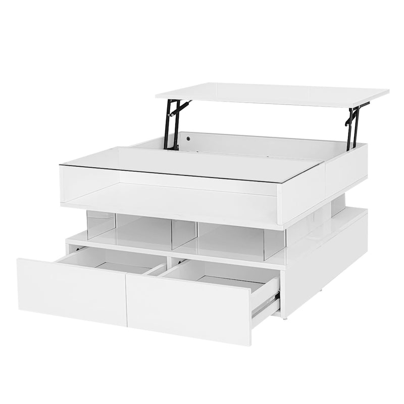Lift Top Coffee Table With 2 Drawers, Hidden Space And LED Lights For Living Room