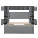 Queen Size Wooden Bed With All-in-One Cabinet, Shelf and Sockets, Gray
