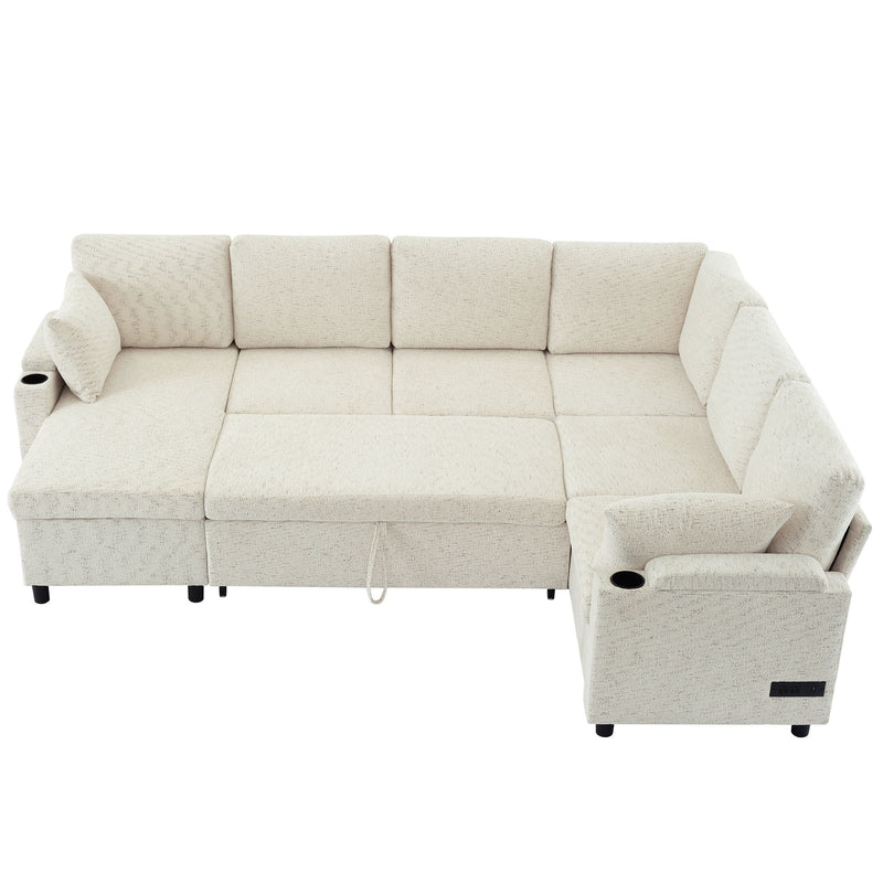 U-Shaped Sectional Sleeper Sofa With Ample Storage Space, 2 Cup Holders And Charging Ports For Living Room