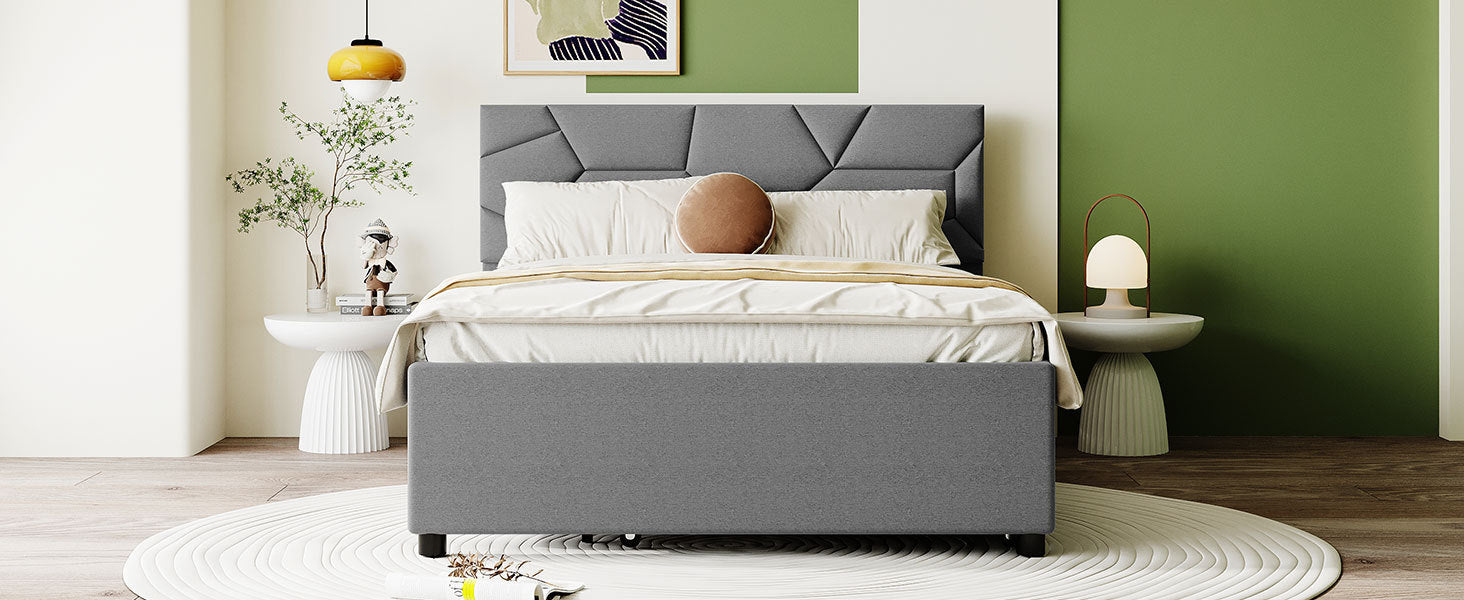 Full Size Upholstered Platform Bed with Brick Pattern Headboard and Twin Size Trundle, Linen Fabric, Gray - Atlantic Fine Furniture Melbourne FL