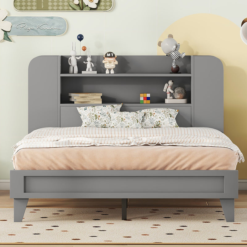 Full Size Platform Bed with Storage Headboard,Multiple Storage Shelves on Both Sides,Grey
