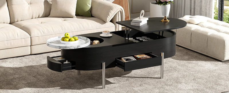 Lift Top Coffee Table With 360 Degree Marble Patterned Rotating Tray