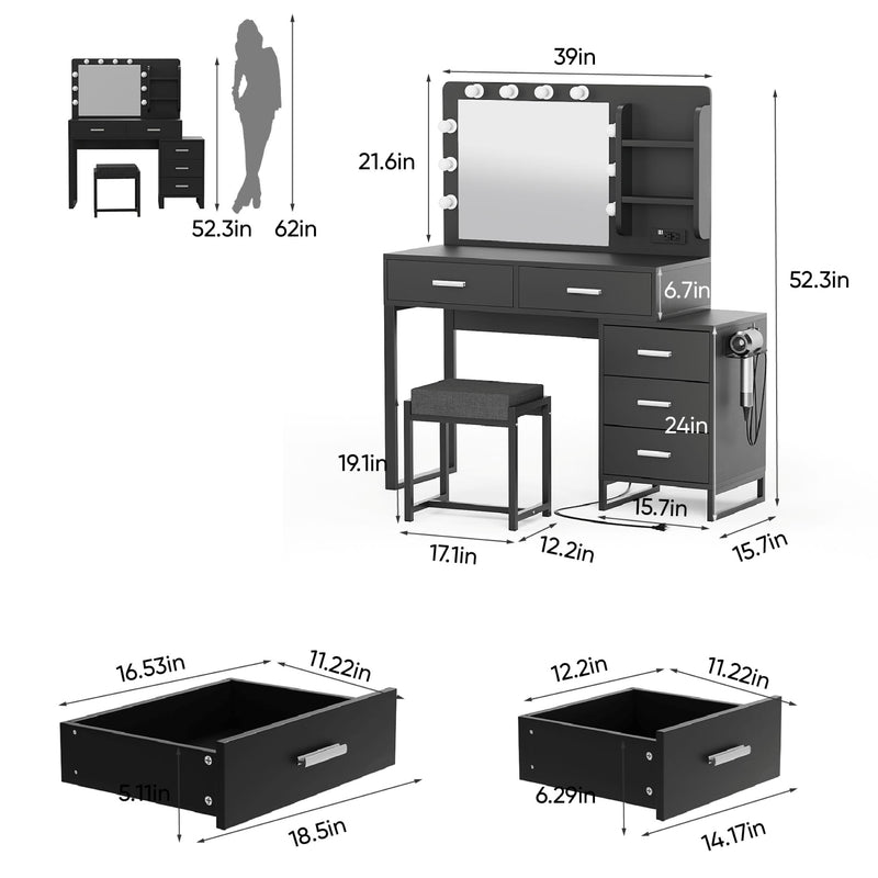 Vanity Desk With Lights, Makeup Vanity Set With Charging Station, Dressing Table With 5 Drawers And Cabinet, Vanity Mirror 3 Lighting Color Adjustable - Black