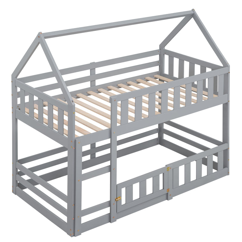 Twin Over Twin House Bunk Bed With Fence And Door - Gray