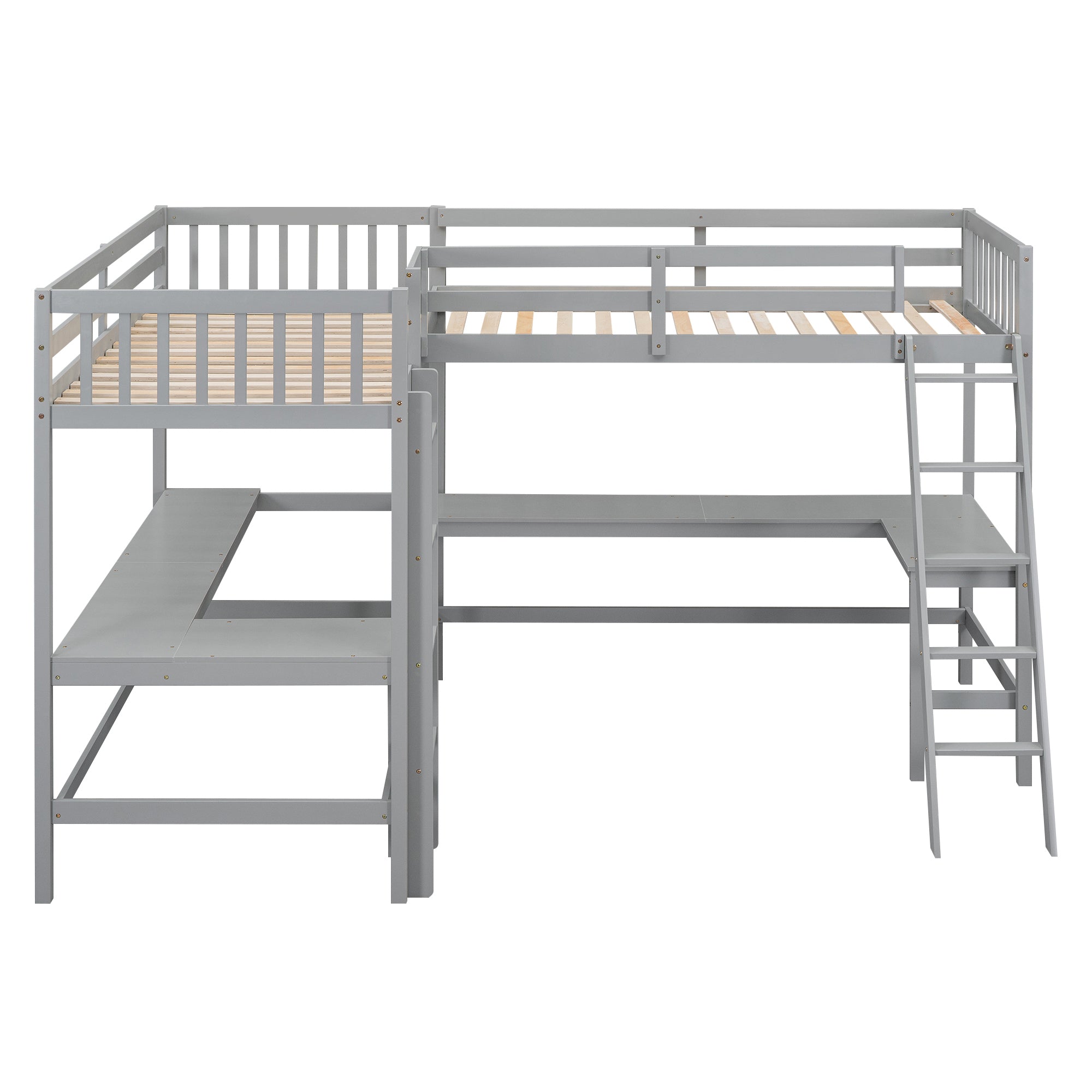 Wood Twin Size L-Shaped Loft Bed with Ladder and 2 Built-in L-Shaped Desks, Gray - Atlantic Fine Furniture Melbourne FL