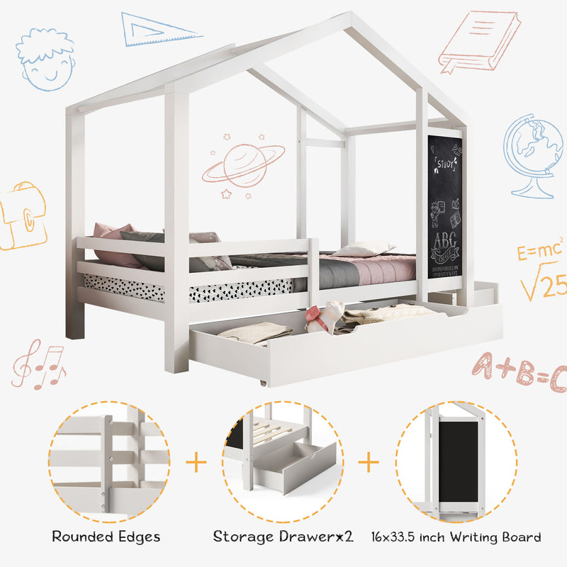 Twin House Bed With Blackboard And Drawers, 2 Assembly Options - White