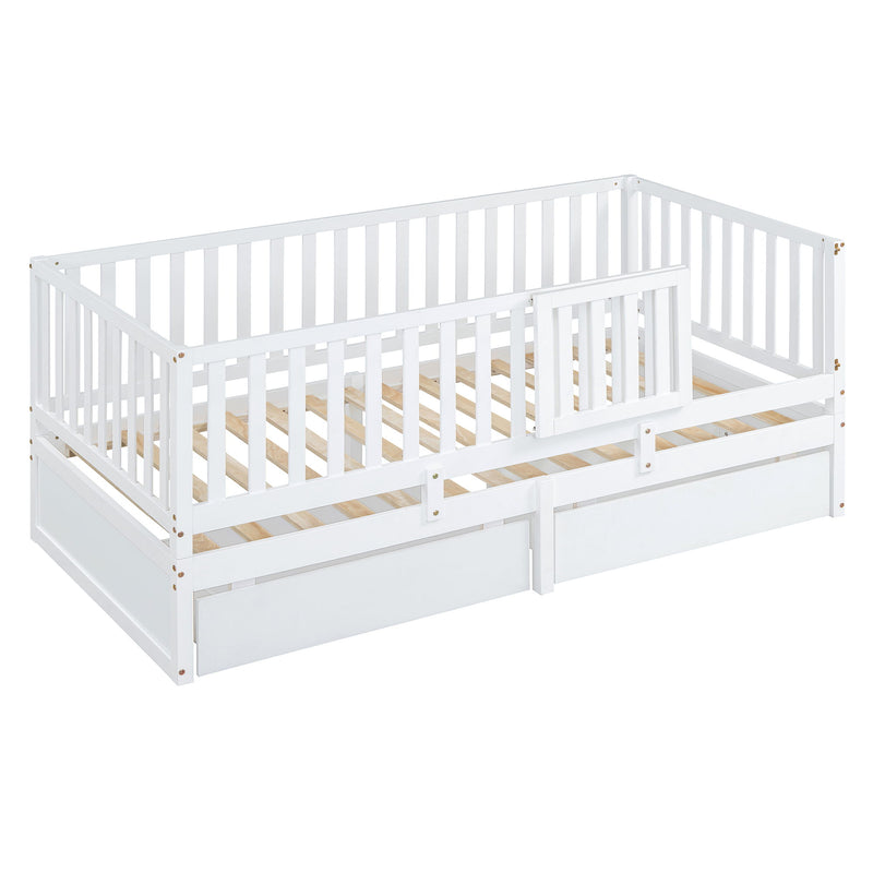 Daybed With Fence Guardrails And 2 Drawers, Split Into Independent Floor Bed & Daybed