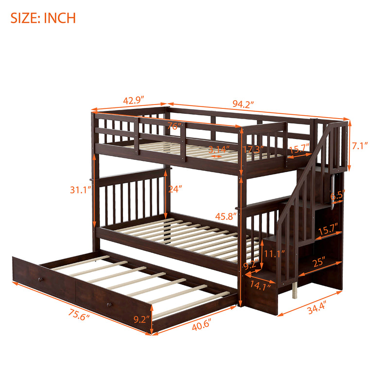 Stairway Twin-Over-Twin Bunk Bed with Twin size Trundle for Bedroom, Dorm, Adults, Espresso( old sku: LP000209AAP )