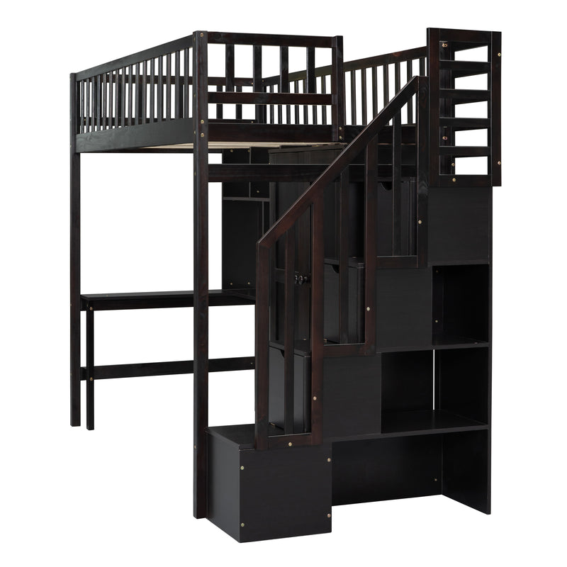 Twin size Loft Bed with Bookshelf,Drawers,Desk,and Wardrobe-Espresso