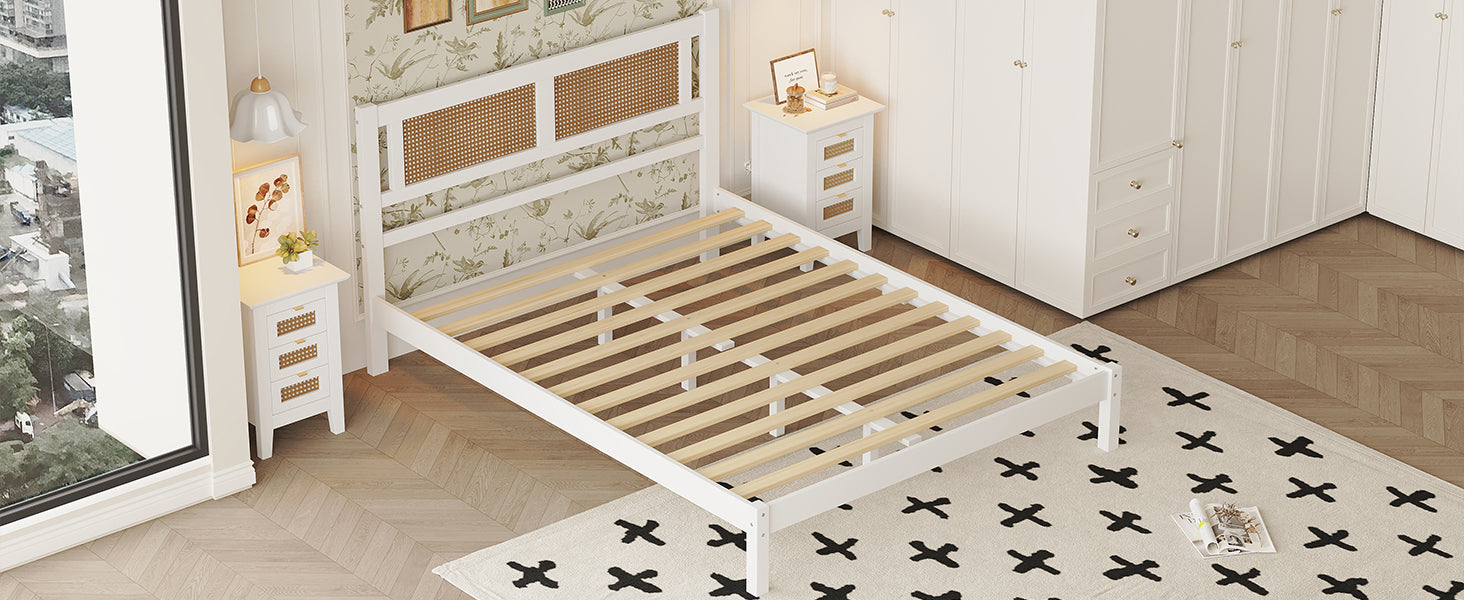 Queen Size Wood Platform Bed with Natural Rattan Headboard,Exquisite Elegance with Minimalist Charm for Bedroom,White - Atlantic Fine Furniture Melbourne FL