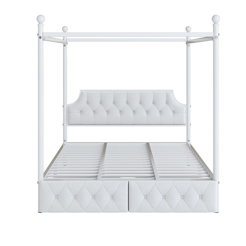 Canopy Platform Bed With Upholstered Headboard And 2 Storage Drawers - White