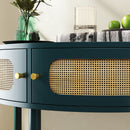 Boho Rattan Semi Circle End Table With Sliding Rattan Door, Storage And Bottom Shelf