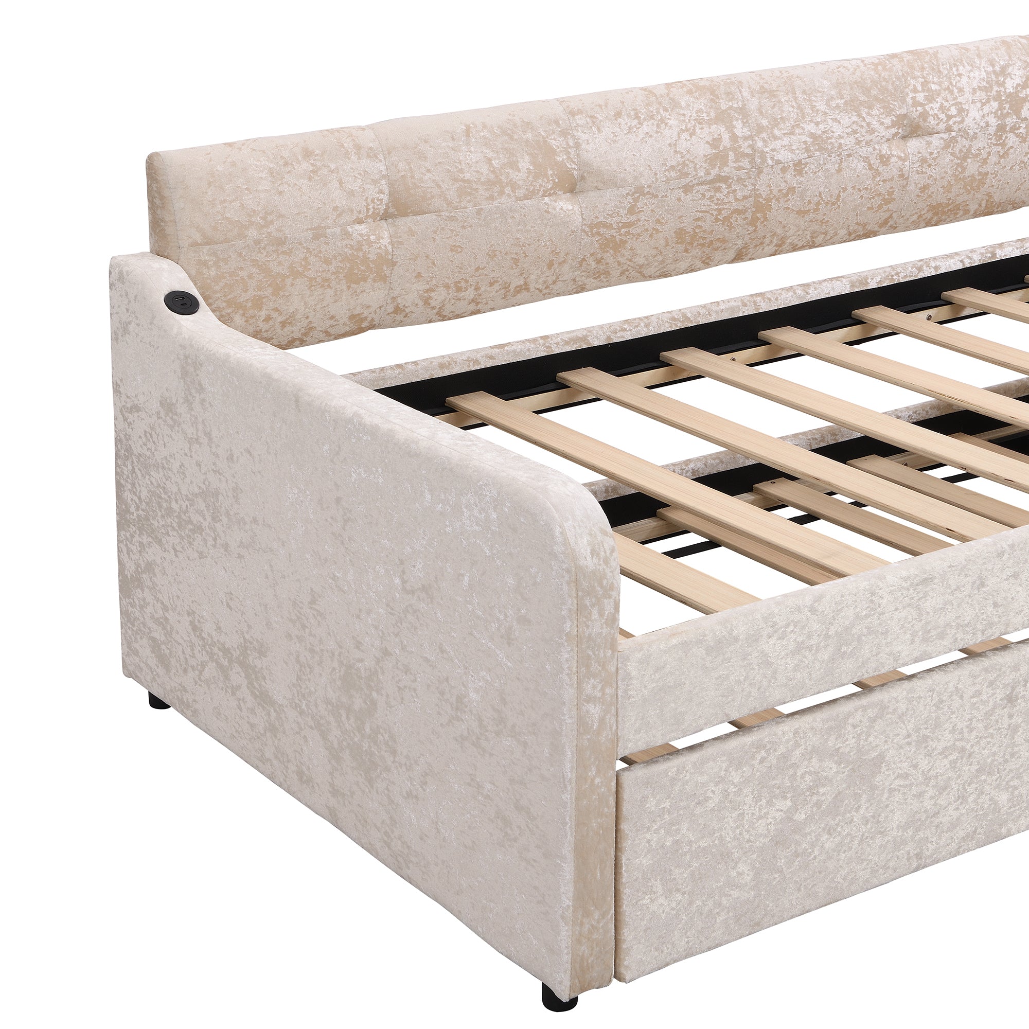 Twin Size Snowflake Velvet Daybed with Trundle and USB Charging Design,Beige - Atlantic Fine Furniture Melbourne FL