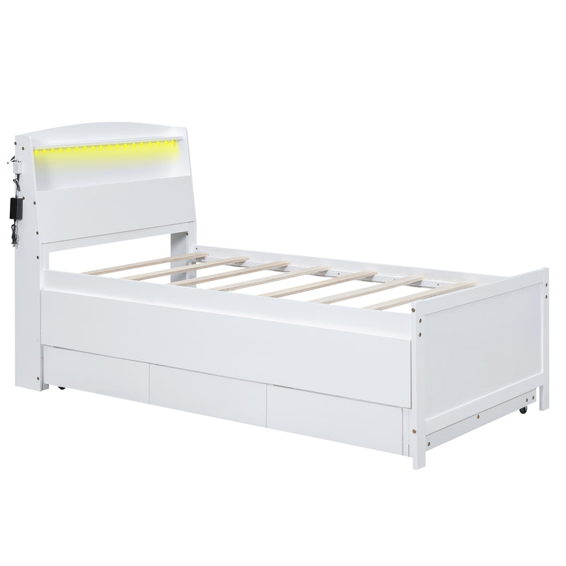 Twin Size Platform Bed with Storage LED Headboard, Twin Size Trundle and 3 Drawers, White