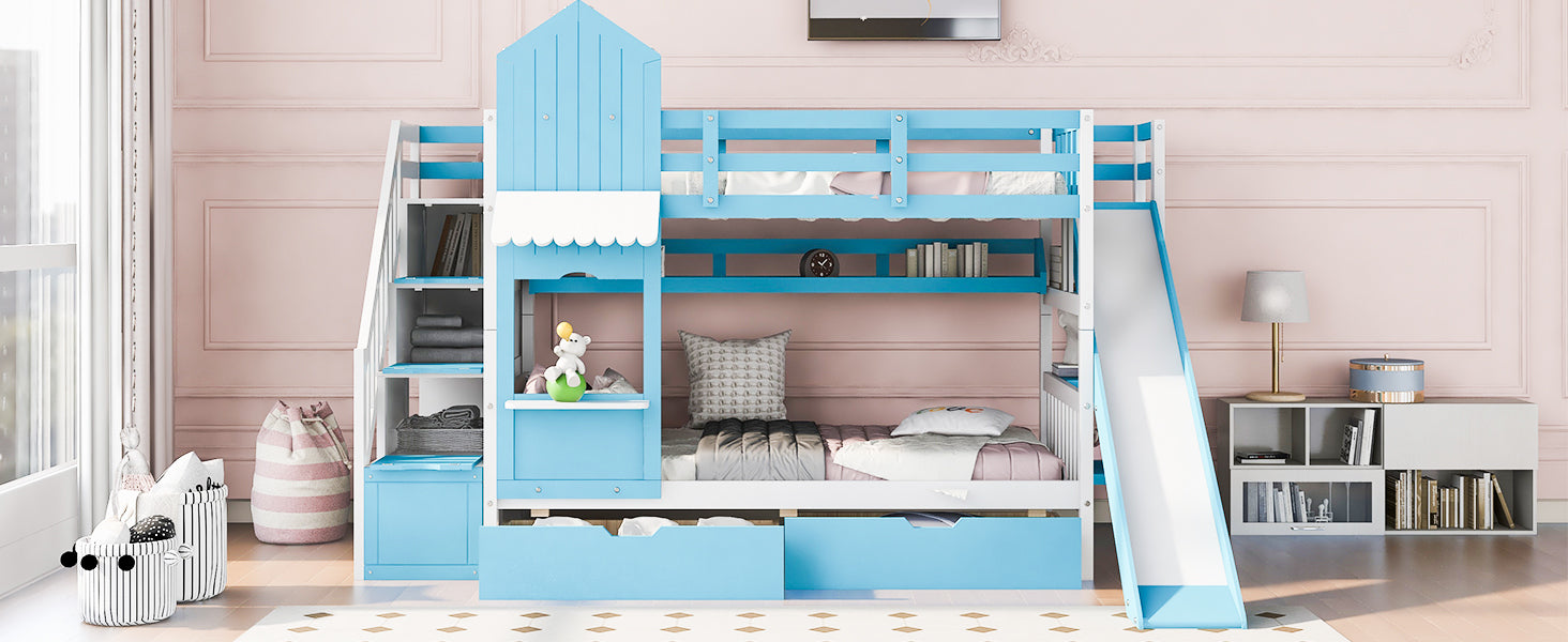 Twin-Over-Twin Castle Style Bunk Bed with 2 Drawers 3 Shelves and Slide - Blue - Atlantic Fine Furniture Melbourne FL