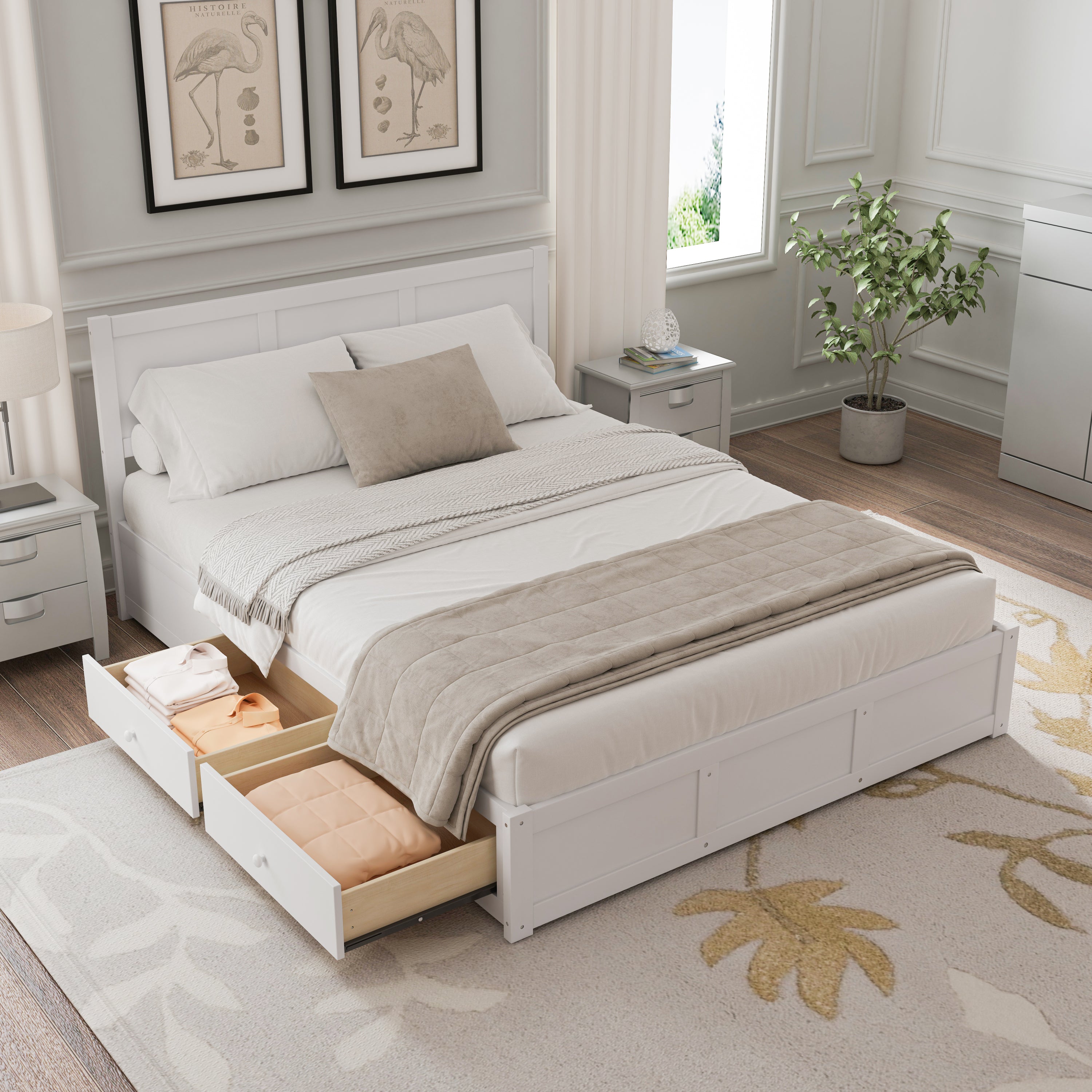 Luxury Queen Size Wood Platform Bed with Hydraulic Storage System and 2 Drawers,Streamlined Headboard & Footboard, White