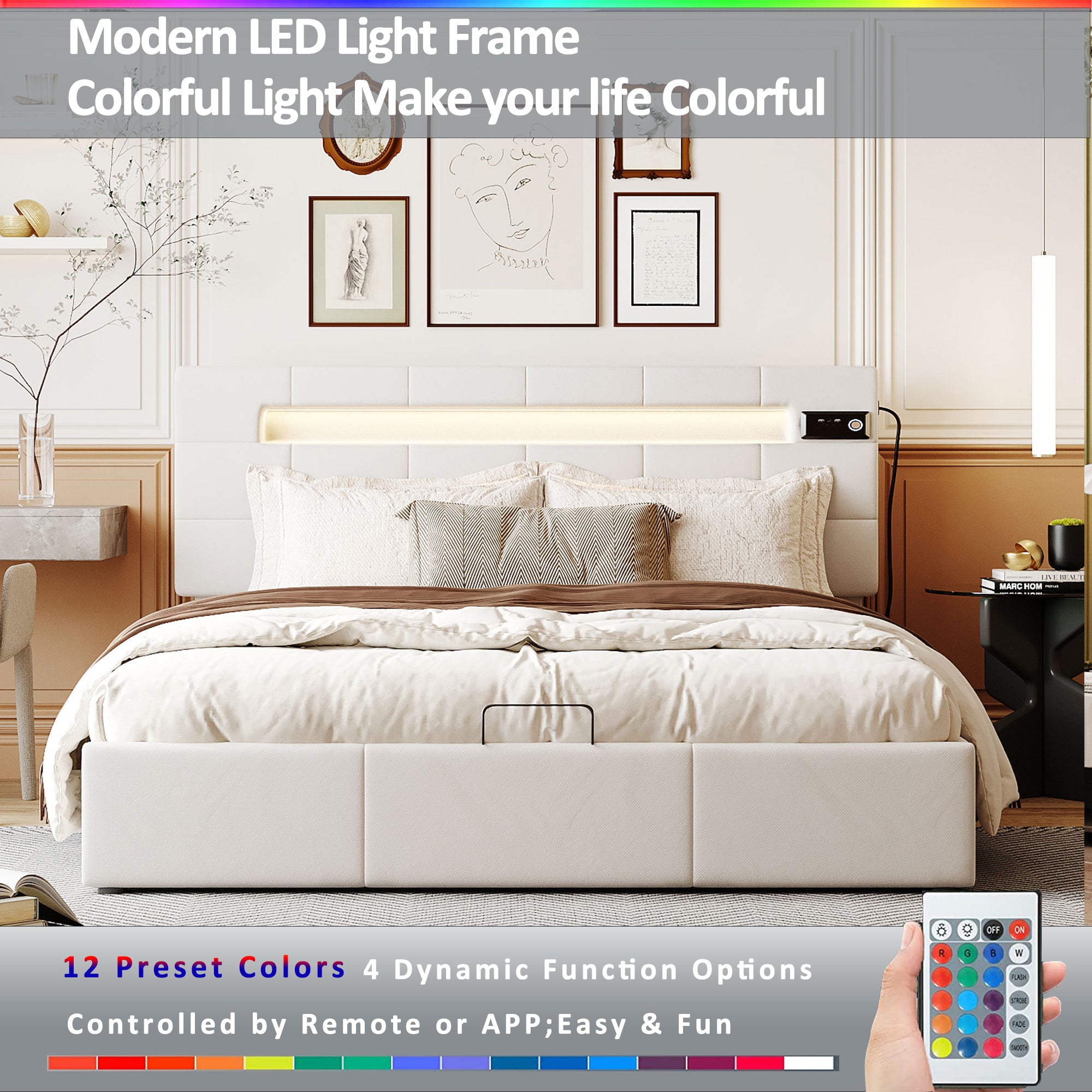 Queen Size Upholstered Bed with LED Light and Integrated Bluetooth Audio System, Modern Platform Bed with Hydraulic Storage System and USB Port, Velvet , Beige - Atlantic Fine Furniture Melbourne FL